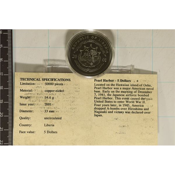 2001 LIBERIA $5 UNC COIN IN HARD PLASTIC CAPSULE