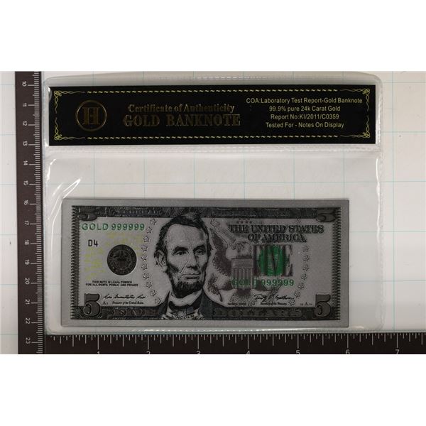 REPLICA GOLD FOIL 2009 US $5 FRN. CRISP UNC