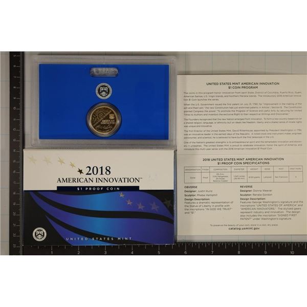 2018-S US AMERICAN INNOVATION PF $1 COIN IN BOX &