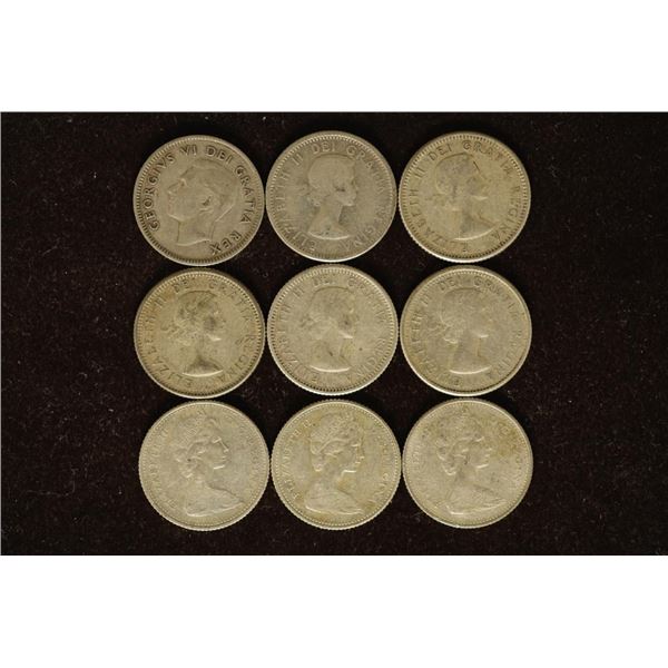 9 CANADA SILVER 10 CENT COINS:1951, 1955, 1959,