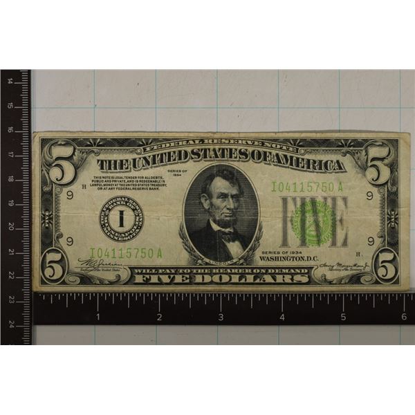 1934 US $5 FRN, GREEN SEAL.