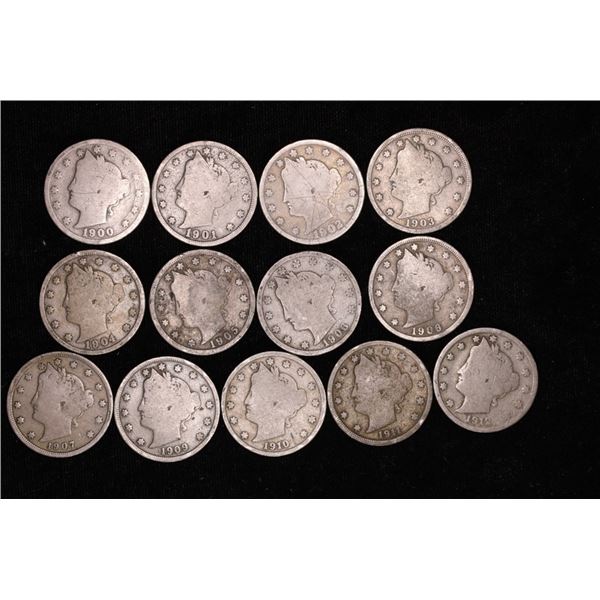 13 ASSORTED LIBERTY "V" NICKELS: 1900-1912. NO