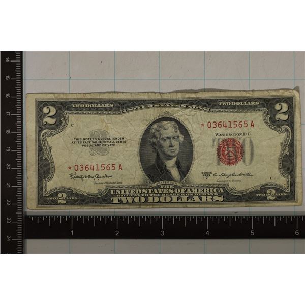 1953-C US $2 RED SEAL STAR NOTE TEAR ON THE BOTTOM