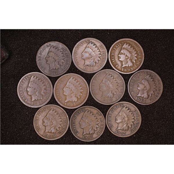 10 ASSORTED INDIAN HEAD CENTS: 1891-1907