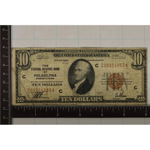 MIS PRINT 1929 US $10 NATIONAL CURRENCY BROWN SEAL