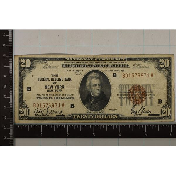 1929 US $20 NATIONAL CURRENCY, BROWN SEAL