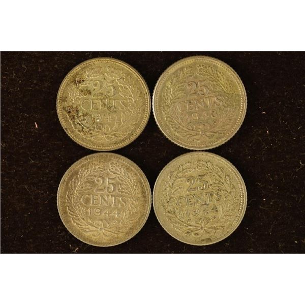 1941, 43 & 2-1944 NETHERLANDS SILVER 25 CENTS