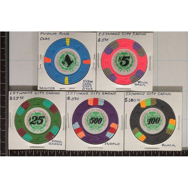 5 ISTHMUS CASINO, PUERTO RICO CASINO CHIPS. 1, 5,