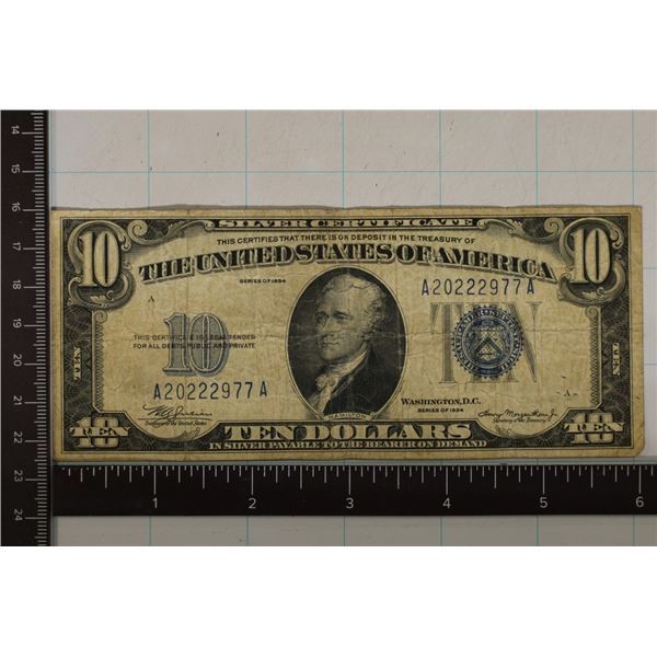 1934 US $10 SILVER CERT, BLUE SEAL PINK STAINS REV