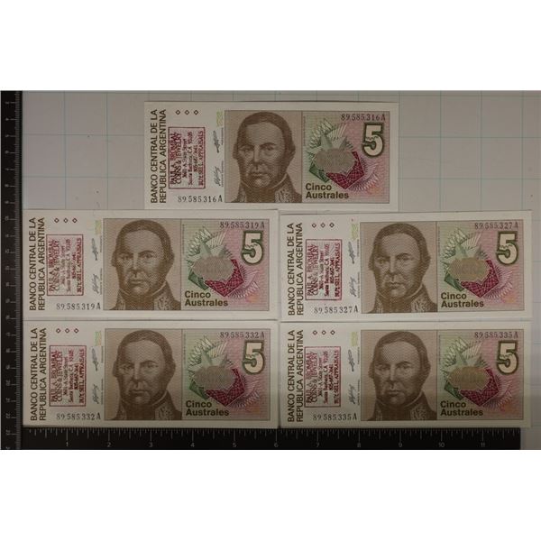 5-1985 ARGENTINA 5 AUSTRALES CRISP UNC BILLS