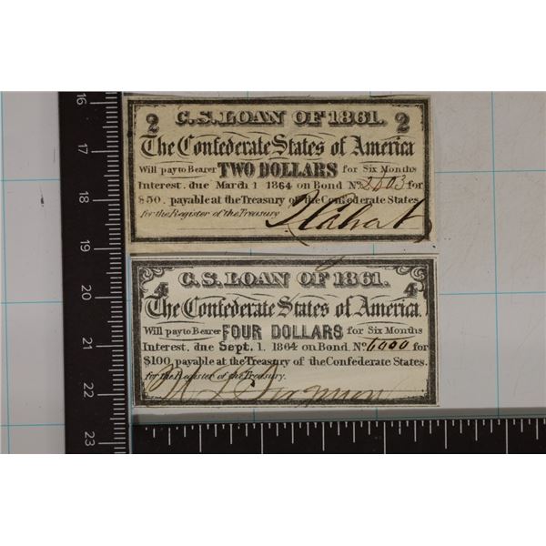 2-1864 CONFEDERATE STATE BOND NOTES: $2 & $4 CRISP