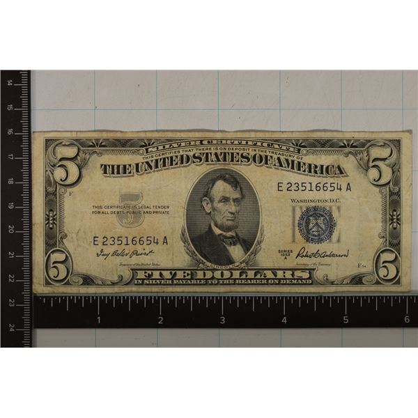 1953-A US $5 SILVER CERT, BLUE SEAL