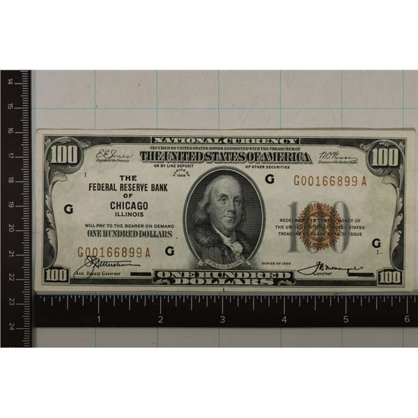 1929 US $100 NATIONAL CURRENCY, BROWN SEAL.