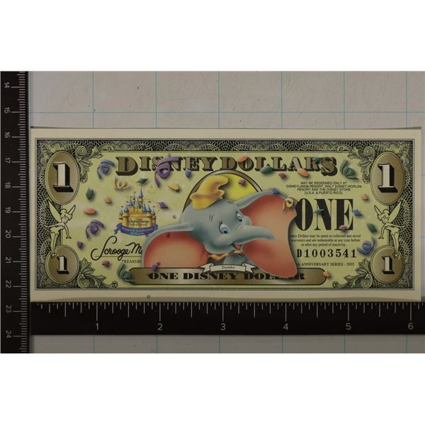 2005 DISNEY $1 CRISP UNC COLORIZED BILL "DUMBO"