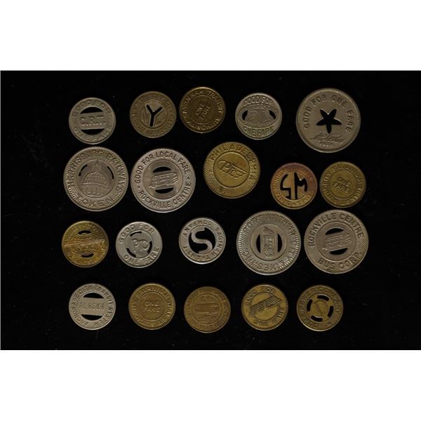 20 ASSORTED METAL TRANSPORTATION TOKENS: