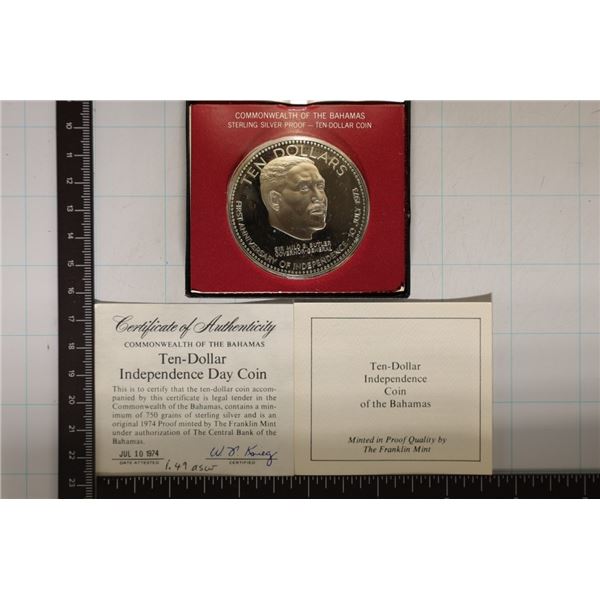 1974 BAHAMAS STERLING SILVER PROOF $10 COIN