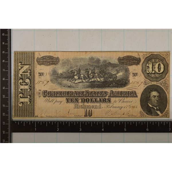 1864 CONFEDERATE STATES OF AMERICA $10 OBSOLETE