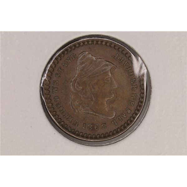 1863 CIVIL WAR TOKEN. "UNITED WE STAND, DIVIDED WE