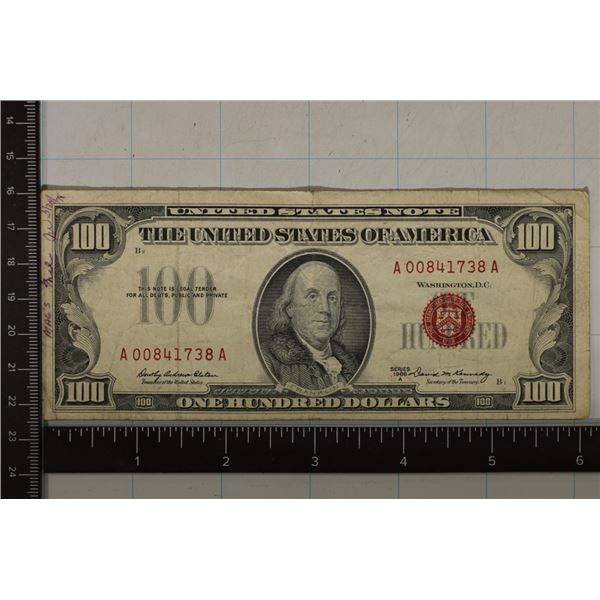1966-A US $100 RED SEAL NOTE WRITING ON LEFT OBV