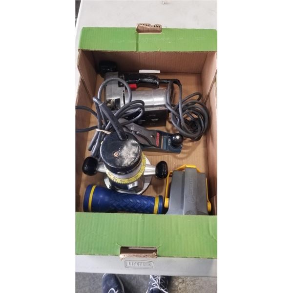 BOX OF POWER TOOLS AND PLANER