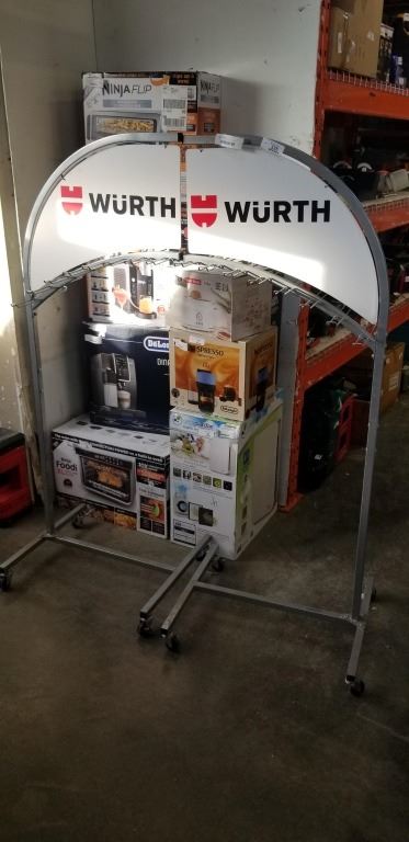 2 MOBILE RETAIL DISPLAY RACKS WITH WURTH SIGNAGE