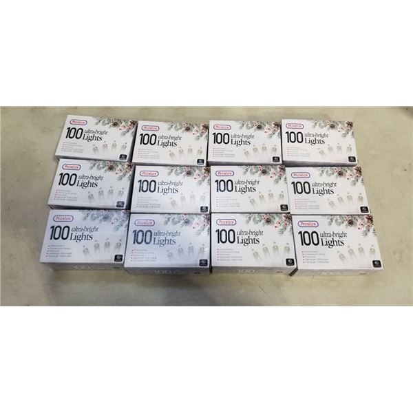 12 SETS OF 100 ULTRA BRIGHT LIGHTS, INDOOR/ OUTDOOR, 18.5 FT LENGTH EACH