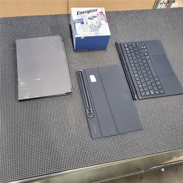 MICROSOFT SURFACE GO TYPE COVER, SAMSUNG TAB A8 BOOK COVER, AND ENERGIZER ULTIMATE WIRELESS CHARGER