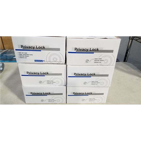6 NEW DOOR HANDLES, SATIN CHROME PRIVACY LOCKING, 3 RIGHT HAND AND 3 LEFT HAND OPEN