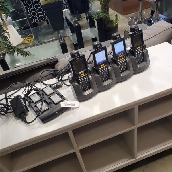 4 SYMBOL MC1000 MICRO COMPUTER SCANNERS WITH 4 BANK CHARGER, 8 BATTERIES AND BATTERY CHARGING DOCK