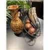 Image 1 : WOOD VASE, METAL BASKET WITH DECORATIVE BALLS AND HORN