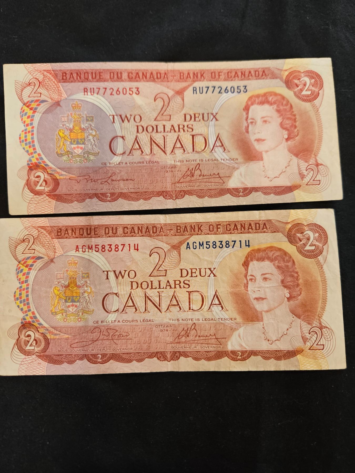 2x 1974 Canada $2 bills