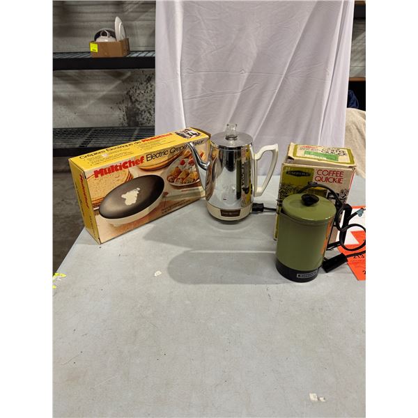 Vintage kitchen appliances, crêpe maker, and coffee makers