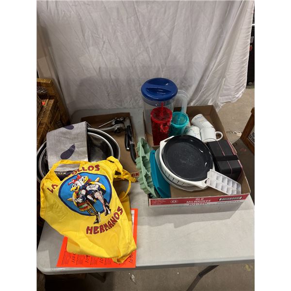 Apron, mixing bowls, knives, bottle, opener, kitchen related items