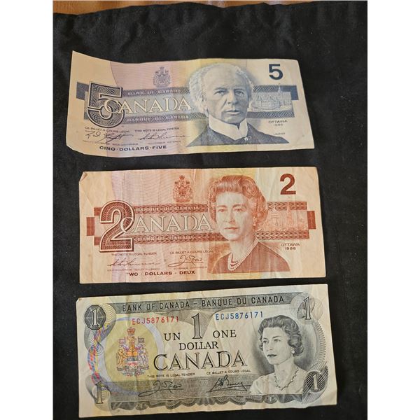 set of 1986 $5, 1986 $2 & 1973 $1 bills