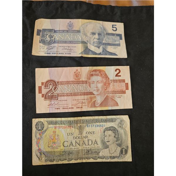 set of 1986 $5, 1986 $2 & 1973 $1 bills