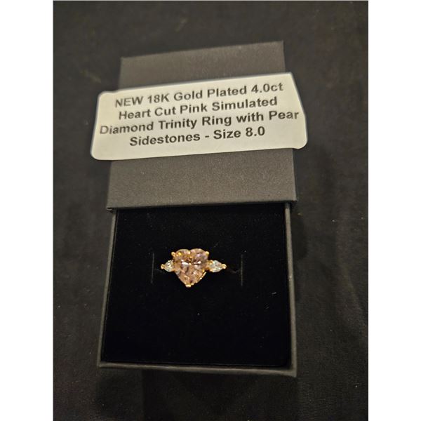 18k gold plated heart cut pink trinity ring- size 8