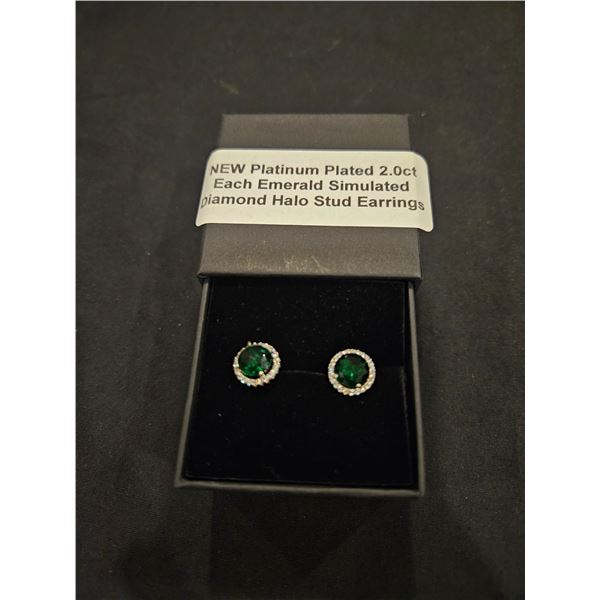 Platinum plated emerald simulated diamond halo stud earrings