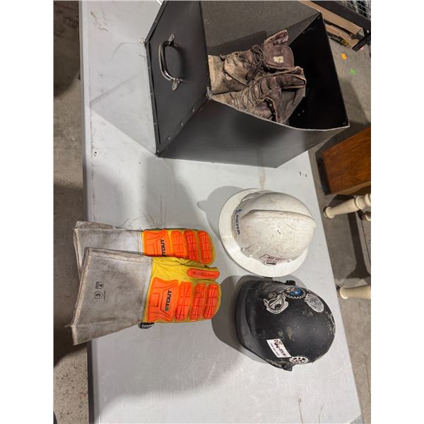 Work gear boots, size 10 hard hats, stout gloves