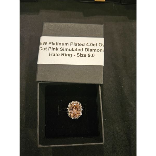 Palinum plated oval cut pink halo ring- Size 9