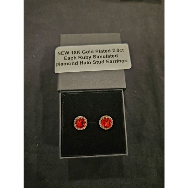 18K gold plated ruby halo stud earrings