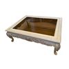 Image 2 : Solid painted wood & tinted beveled glass coffee table w/ relief carvings and clawfoot style legs