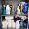 Image 2 : Contents of cabinet - Cleaning supplies, Ryobi bench grinder, towels, etc.