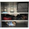 Image 2 : Contents of cabinet - Bench vice, jumper cables, vases, etc.