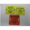 Image 1 : SET OF 3 BATTLFORD BICYCLE LICENCE TAGS - PLASTIC  (Mint Condition) - 1964, 1975,  1977