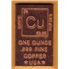 Image 1 : 1 OUNCE COPPER BAR -  .999 FINE - COPPER ELEMENT SYMBOL - Reverse Blank