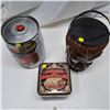 Image 1 : 1 tin box, 1 wolf plastic container, and 1 mini beer keg