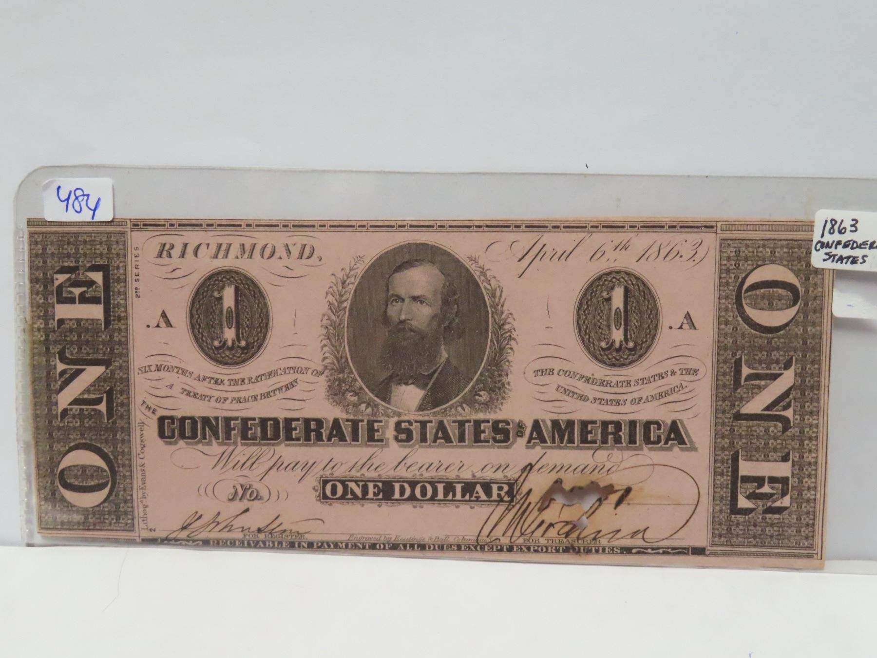 1863 confederate states of america 1 dollar bill - Schmalz Auctions