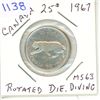 Image 1 : 1967 Canadian Twenty-Five Cent Coin - Rotated Die - Diving Bobcat.