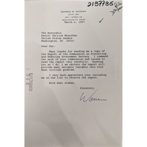 Warren B. Rudman Signed Letter