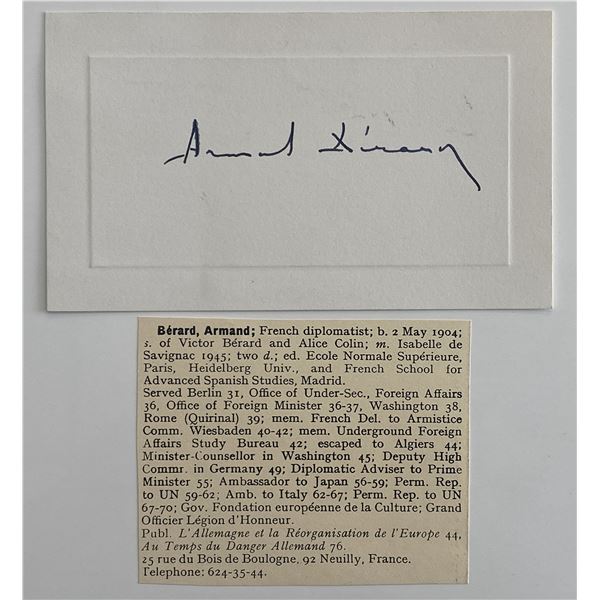 French diplomat Armand Bérard original signature and bio